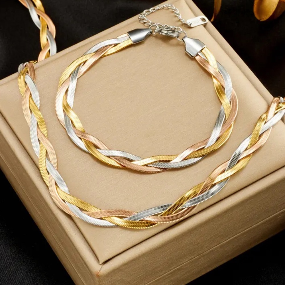 NWT 2 Pieces Set Braided Crossover 3 Colors Necklace Chain Bracelet Snake - Picture 1 of 3